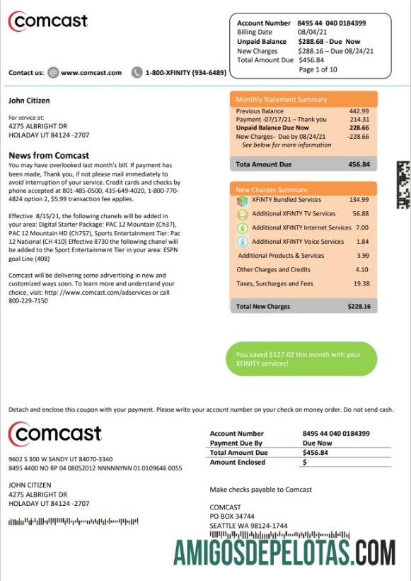 imprimível Modelo de conta de serviços públicos Comcast dos EUA Utah em formato Word e PDF versão 2